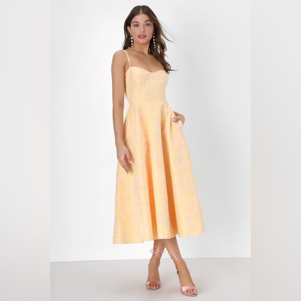 Yellow and Pink Bustier Midi Dress With Pockets